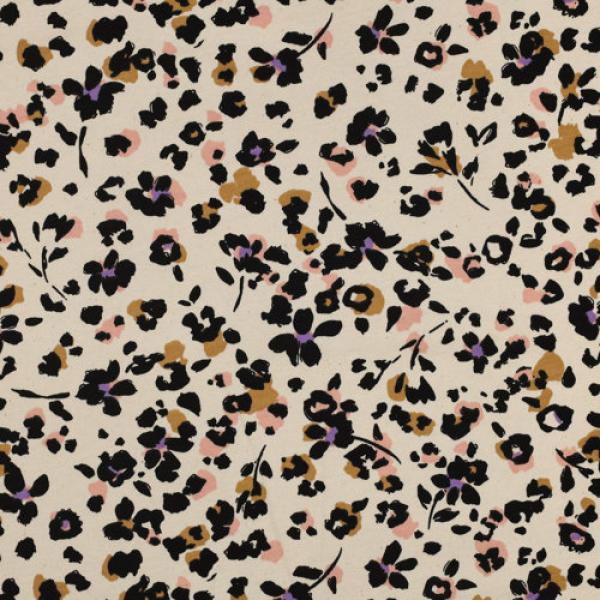 French Terry Sommersweat Animalprint mit Blüten in Natur, Nahaufnahme der Oberfläche